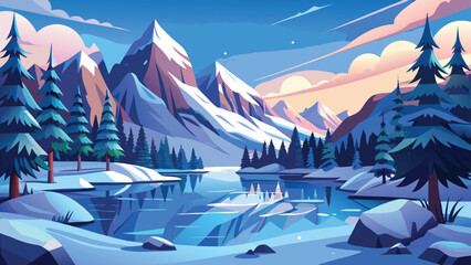 A majestic winter landscape with snow-capped mountains and alpine trees under a clear sky © Nayeem Sheikh