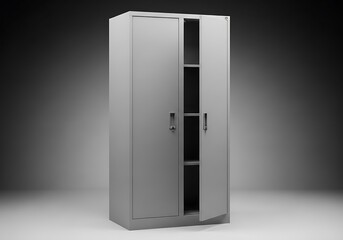 Neutral gray metal cabinet with partially opened door, presenting an organized storage solution for various settings