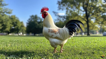 Rooster in park on green grass