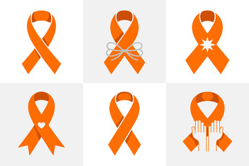 Orange awareness ribbon icons, charity support looped designs, hope solidarity graphics, campaign fundraising symbols, health awareness emblems