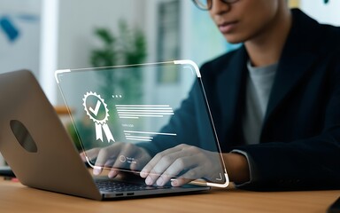 Professional using a laptop with a futuristic holographic display showing a digital quality assurance certification icon, representing business standards, validation, and guarantee