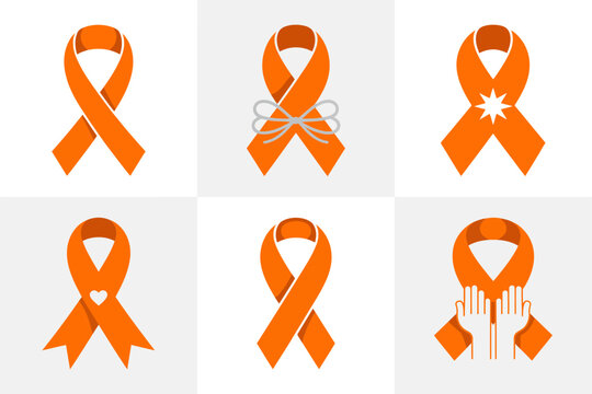 Orange awareness ribbon icons, charity support looped designs, hope solidarity graphics, campaign fundraising symbols, health awareness emblems