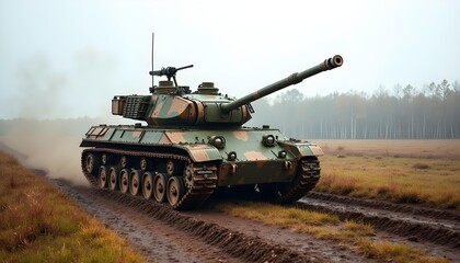 Fototapeta premium A dark green military tank rolling through a muddy battlefield during a stormy autumn day.