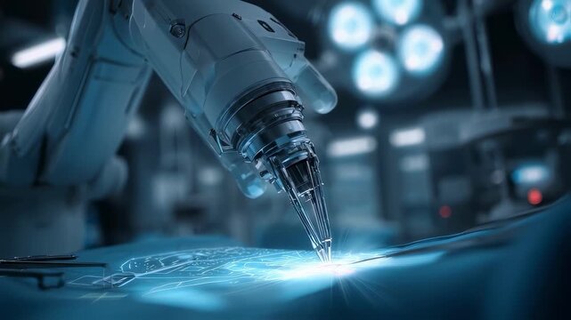 Dynamic medium shot capturing 6DOF robotic arm alignment in cochlear implant surgery main device sharply rendered with defocused sterile operating field.