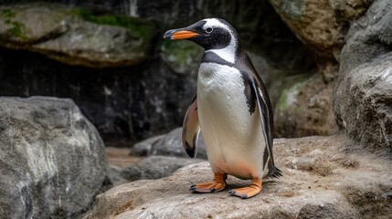 Naklejka premium Gentoo penguin standing on rock, zoo enclosure