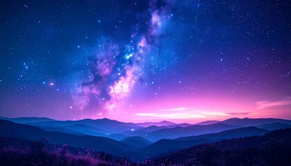 Naklejka premium Stunning night sky with the Milky Way glowing in shades of blue and purple above layered mountain silhouettes, creating a dreamy cosmic landscape
