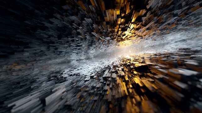 Abstract 3d render of a futuristic landscape with geometric shapes, creating a sense of depth and perspective, with a light source in the distance