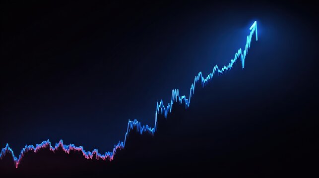 Rising financial stock chart glowing in neon blue with upward arrow, symbolizing growth, success, business progress, and positive economic trends