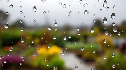 Raindrops on window glass with blurred colorful garden in background, symbolizing freshness, tranquility, and natural beauty through soft perspective