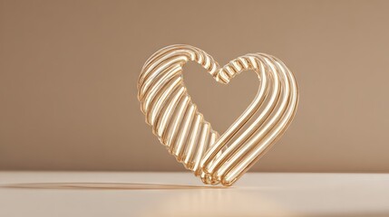 Golden striped heart sculpture with modern artistic design placed on neutral background, symbolizing love, elegance, warmth, and contemporary decor
