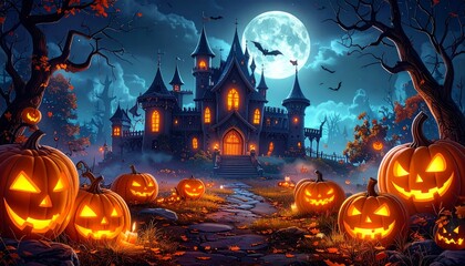 A spooky Halloween night illustration with a haunted castle, jack-o'-lanterns, and bats silhouetted against a full moon