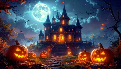 A spooky Halloween night illustration with a haunted castle, jack-o'-lanterns, and bats silhouetted against a full moon