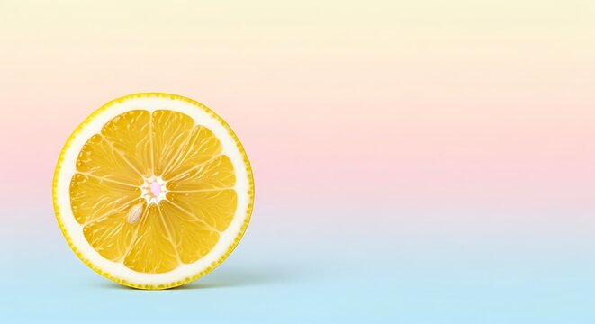 Vibrant lemon slice on a pastel gradient backdrop creating a fresh and zesty scene ideal for health and nutrition