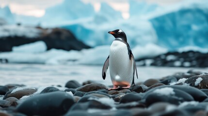 Fototapeta premium Gentoo Penguin on Antarctic Rocks, Majestic Scene