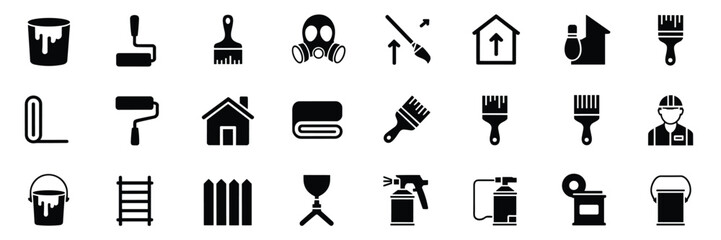 Obraz premium Home Improvement and Painting Icon Set – Black Line Icons for DIY, Renovation, and Interior Design