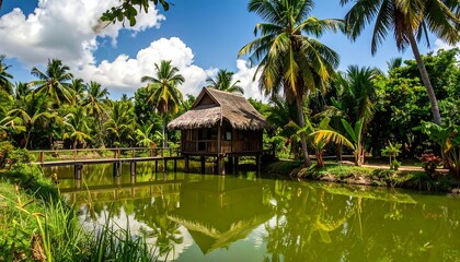 Fototapeta premium Tropical hut by a calm pond