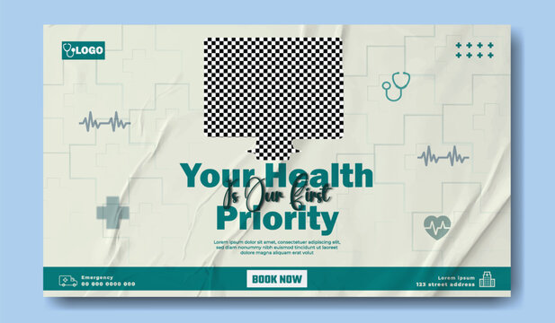 Modern healthcare advertisement promoting health as a top priority with medical icons and computer screen