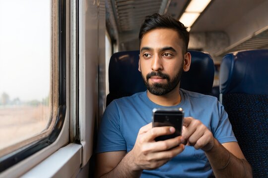 Man using smartphone on train travel passenger commuting public transport mobile connection - Powered by Adobe