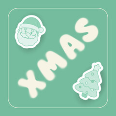 Square Christmas poster with XMAS lettering in halftone blur style and 3D sticker icons of Santa and tree. Green monochrome festive design for greeting cards, flyers, banners and seasonal projects.