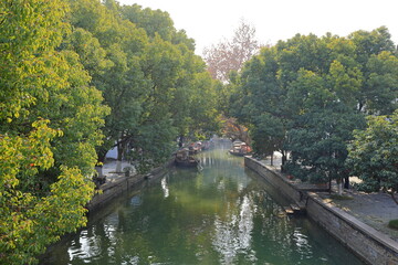 Zhujiajiao Ancient Town, an Ancient water town and tourist site with waterways, old buildings in Qingpu, Shanghai China 