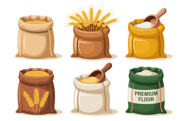 Wheat bag and milling vector illustrations, sack with scoop wheat sheaf flour pile rustic farm food supply packaging