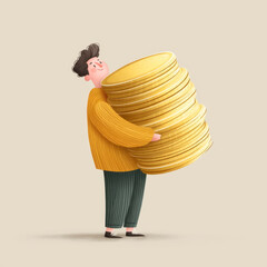 Man holding large stack of gold coins smiling happily with casual clothing and curly hair on beige background