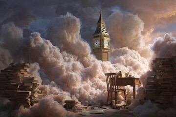 A surreal scene featuring a large clock tower surrounded by fluffy clouds. A wooden chair and a table are placed amidst scattered books.