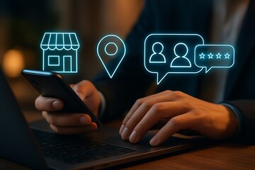 Businessman managing an online reputation and a local business listing on a smartphone. Digital marketing concept with icons for a store, location, and customer feedback for evaluation