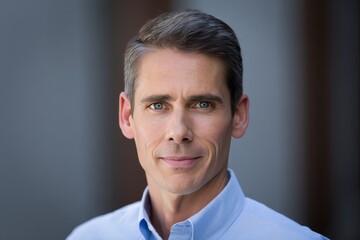 Professional headshot of handsome man in blue shirt for corporate website profile photo