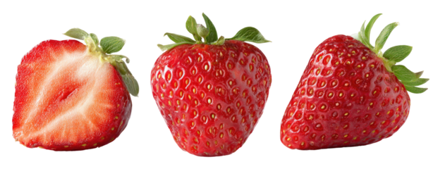 Three fresh strawberries, one sliced in half