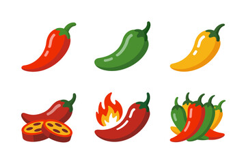 Red chili illustrations pack, whole and cut pepper icons, flaming spice decorations, fresh produce graphics, hot seasoning set