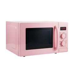 Fototapeta premium Stylish pink microwave oven on white background, modern kitchen appliance, minimal and elegant design, perfect for product mockup or advertisement.