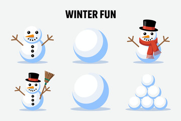 Winter play snowman and snowball set, cheerful snowman poses, stacked snowballs, snowy hat and scarf, seasonal activity icons