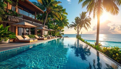 A tropical resort swimming pool with a stunning view of the sea and palm trees, perfect for a relaxing summer vacation
