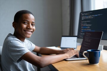 Young african american boy learning computer programming coding at home with laptop pc
