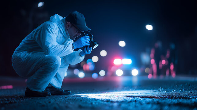 Forensic investigator taking photographs at night crime scene  