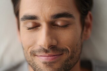 Obraz premium Portrait of relaxed man with eyes closed smiling peaceful sleep wellbeing concept
