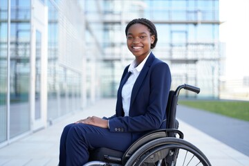 Confident businesswoman in wheelchair accessibility at office inclusion and diversity