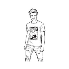 Handsome Man Black and White Illustration Vector Image Male Portrait Fashion Sketch Line Art Design