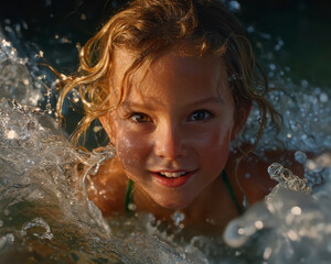 Obraz premium Joyful child with wet curly hair swimming in water splashes under golden sunlight, capturing lively summer moment full of happiness and energy