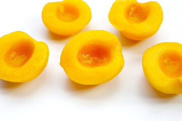 Peach halves in syrup. Fruity desserts