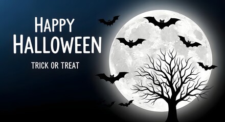 Happy halloween and trick or treat message with silhouetted bats flying in front of a large, glowing full moon and a bare tree against a dark blue night sky