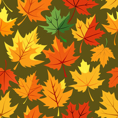 Obraz premium “Seamless vector pattern of colorful autumn maple leaves, fall seasonal background in warm tones”