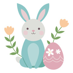 Cute bunny and Easter egg with floral accents flower leaves vector on white background.