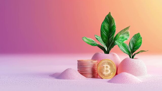 Golden coin digital currency finance concept investment savings stack growth green plant sand pastel cryptocurrency bitcoin coin stack finance