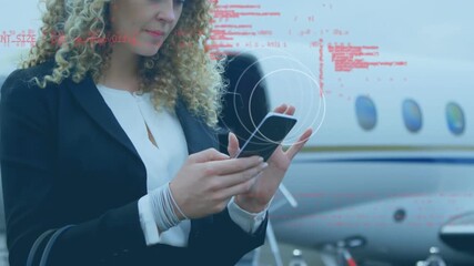 Animation of scopes and data processing over caucasian businesswoman using smartphone and airplane - Powered by Adobe