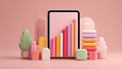 Pastel 3D render of upward trending graph on a phone screen, surrounded by stylized plants and geometric shapes