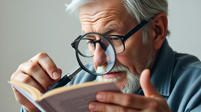 old man with low vision reading a text with a magnifying glass