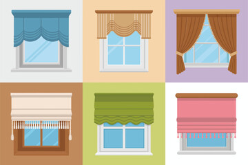 Stylish window treatments set, striped roller blinds, pleated Roman shades, tailored swags, lace panels, modern windows, home decor illustrations