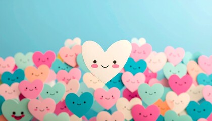Cute cartoon hearts, many pastel colors, one central white heart